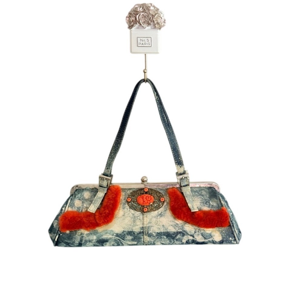Vintage Denim Shoulder Bag Women Blue Denim Burnt Orange Fur